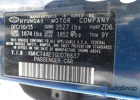 2016 Hyundai Accent Se z USA, uszkodzony, nr VIN KMHCT4AE1GU076637